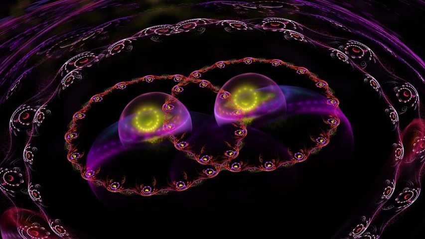 a close up of a circular object on a black background, a digital rendering, inspired by Benoit B. Mandelbrot, digital art, bright multiple glowing eyes, thick glowing chains, purplish space in background, twins