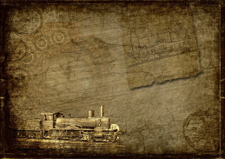 a close up of a train on a train track, concept art, ancient map, a steam wheeler from 1880s, textured parchment background, pre - ww 1 submarine