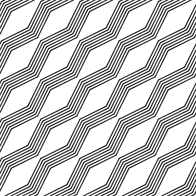 a black and white geometric pattern, lineart, inspired by Paul Lucien Dessau, op art, diagonal lines, tech pattern, pronounced contours, right angled view