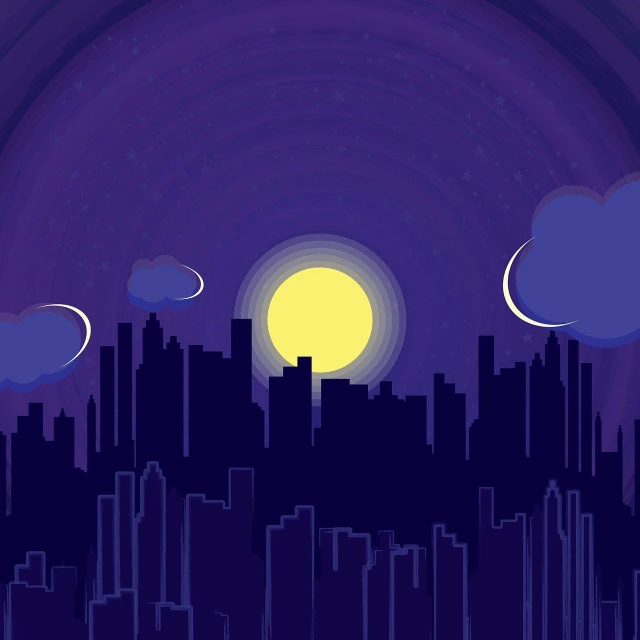 a city at night with a full moon in the sky, an illustration of, art deco, cloudy night sky, cartoonish vector style, without text, solar eclipse in the sky