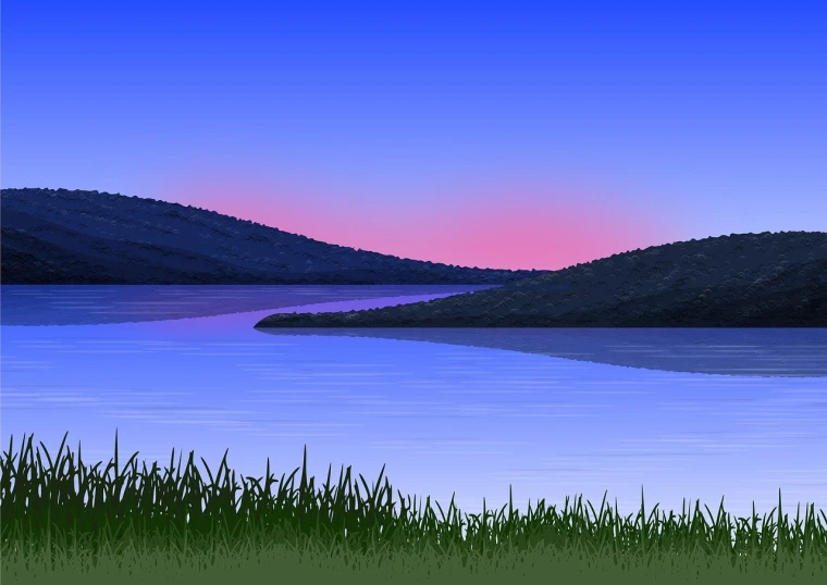 a large body of water with a mountain in the background, digital art, natural grassy background, at purple sunset, flat cel shaded, close river bank