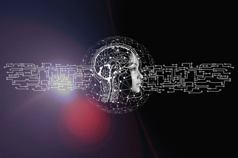 a close up of a person's head with a circuit in the background, a hologram, pixabay, grey matter and neurons, woman and robot, face made of notation, on a dark background