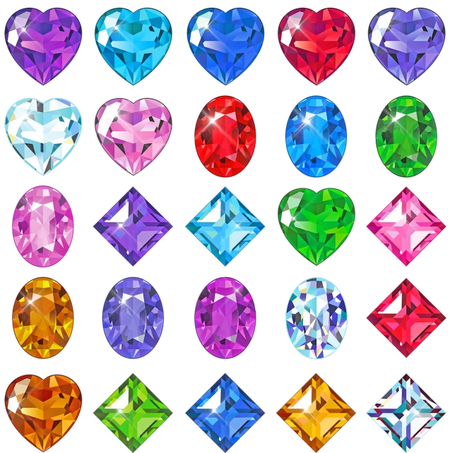 a set of different colored gems on a white background, an illustration of, by Brenda Chamberlain, shutterstock, rapper bling jewelry, many hearts, turnaround, year 2447