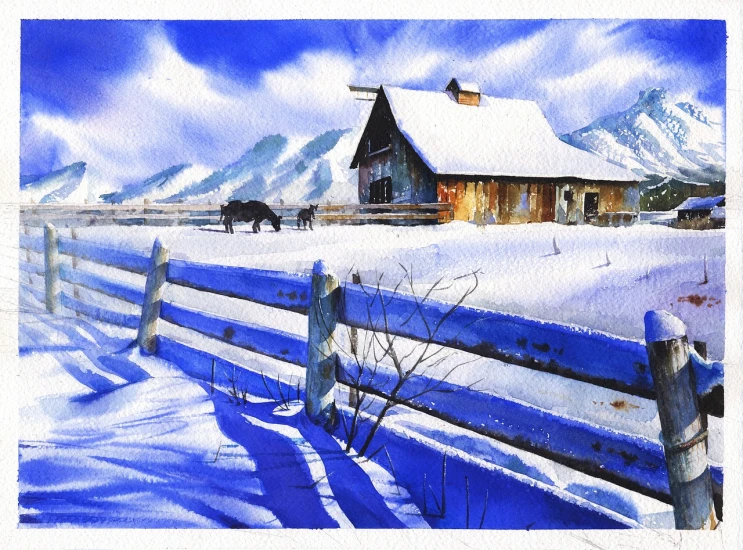 a painting of a barn in the snow, a watercolor painting, by Jim Nelson, shutterstock, american scene painting, utah, small fence, wide establishing shot, of augean stables