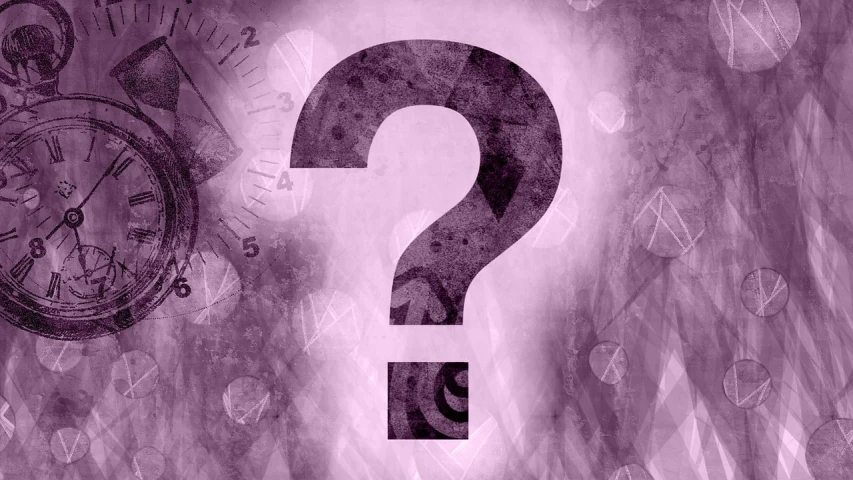 a black and white photo of a clock and a question mark, a picture, trending on pixabay, mauve background, an abstract spiritual background, 15081959 21121991 01012000 4k, mystery and detective themed