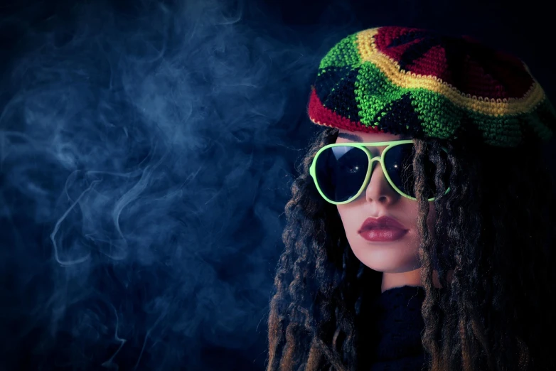 a close up of a person wearing a hat and sunglasses, inspired by Mary Jane Begin, shutterstock, lama with dreadlocks, thick dark smoke!, in style of 3d render, high exposure photo