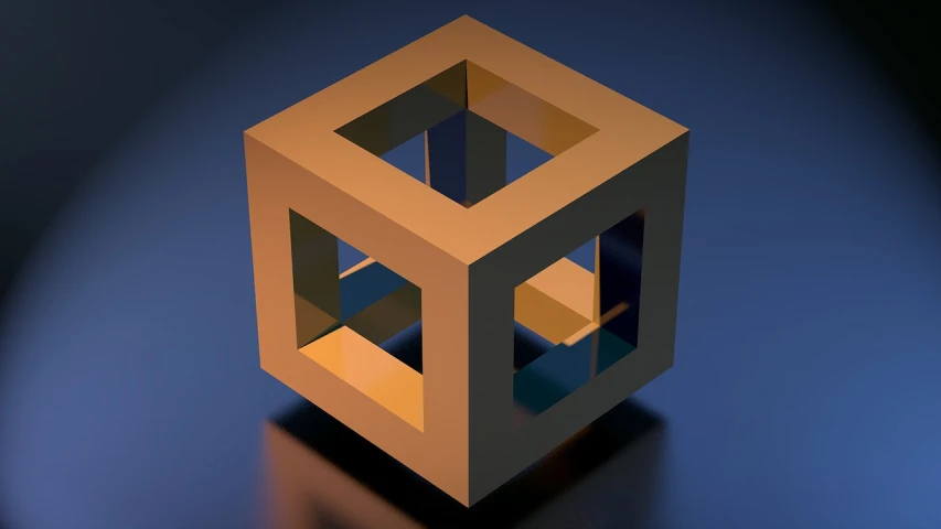 a close up of a cube on a table, a computer rendering, inspired by Richard Anuszkiewicz, pixabay, the styles of escher and penrose, golden shapes, simple structure, simplified shapes