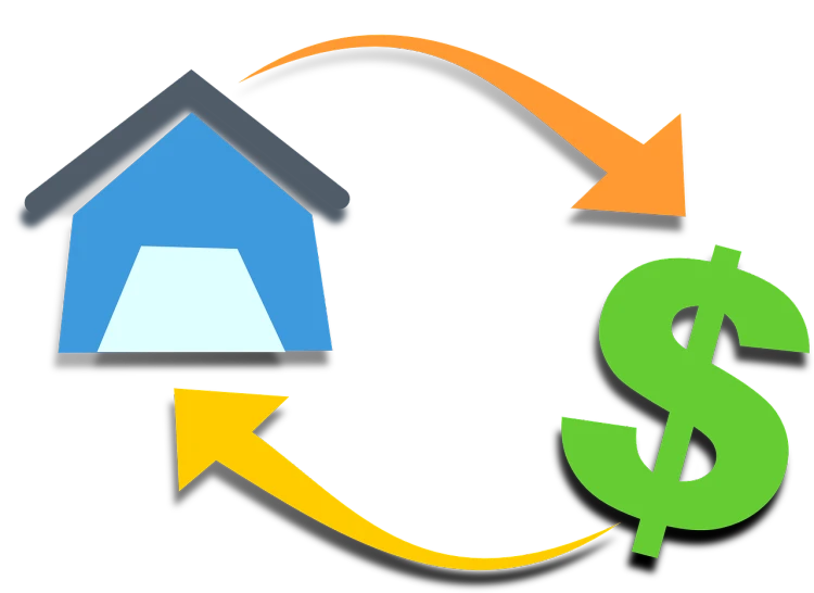 a house with a dollar sign in front of it, by Tom Carapic, pixabay, conceptual art, with two arrows, half turned around, on a flat color black background, houses