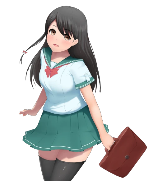 a girl in a school uniform holding a briefcase, pixiv, shin hanga, realistic shaded perfect body, kantai collection style, she has black hair with bangs, full body portrait of a short!