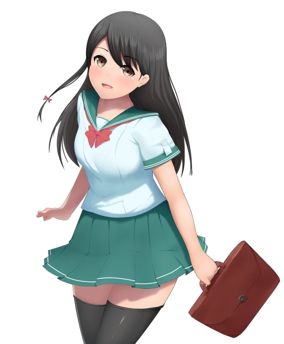 a girl in a school uniform holding a briefcase, pixiv, shin hanga, realistic shaded perfect body, kantai collection style, she has black hair with bangs, full body portrait of a short!