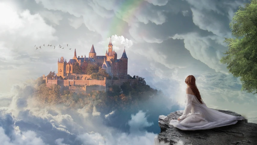 a woman sitting on top of a cliff with a castle in the background, pixabay contest winner, fantasy art, ethereal rainbows, sitting in a fluffy cloud, photo of a beautiful, palace floating in the sky