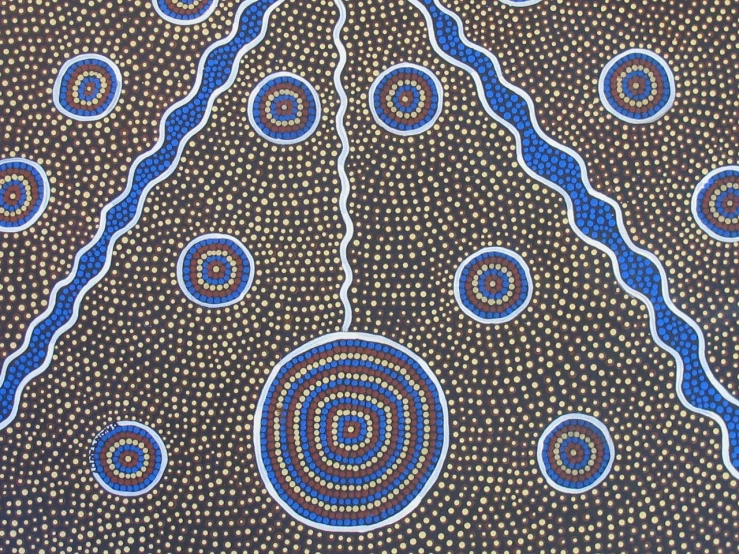 a close up of a painting on a wall, an ultrafine detailed painting, by Joan Warburton, symbolism, dots, native art, 1024x1024, trending on wikiart