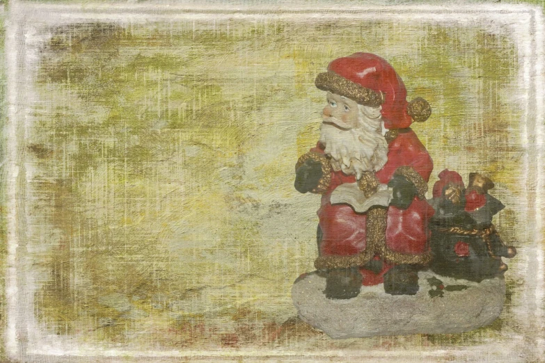 a painting of a santa claus holding a bag of presents, trending on pixabay, folk art, aged photo, on a wooden tray, sittin, closeup photo