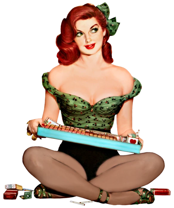 a woman sitting on the ground holding a guitar, digital art, inspired by Gil Elvgren, pop art, with red hair and green eyes, keyboardist, photo-shopped, pills