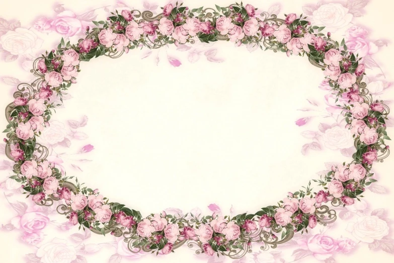 a wreath of pink roses on a white background, a digital rendering, by Nagasawa Rosetsu, flickr, art nouveau, paper background, tablecloth, pretty oval face, ; wide shot