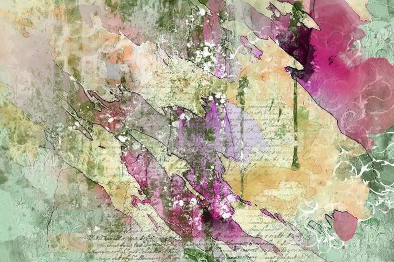 a close up of a painting of flowers, a digital painting, inspired by Cindy Wright, trending on pixabay, abstract art, torn paper intricate texture, fragmented typography, gold green and purple colors”, weathered pages