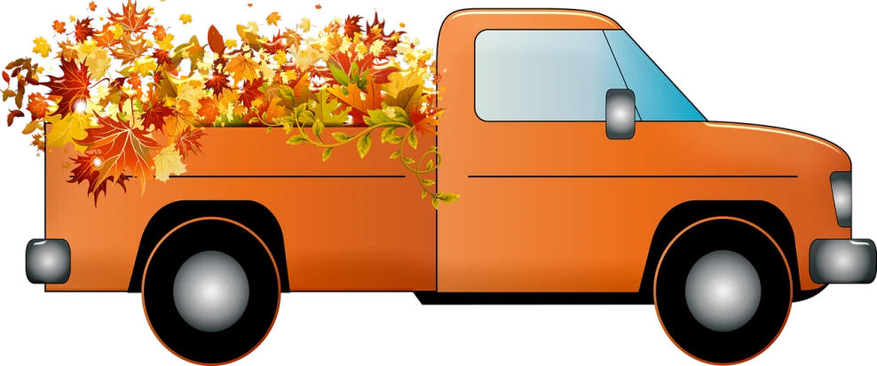 an orange truck filled with lots of leaves, pixabay, digital art, flowers, black, folded, mason