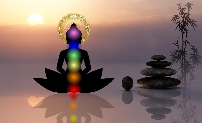 a person sitting in a lotus position with the sun in the background, a digital rendering, chakras, lgbtq, onyx, lights