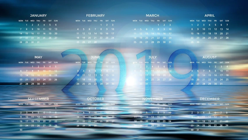 a calendar sitting on top of a body of water, a picture, by Milton Menasco, pixabay, happening, gradient and patterns wallpaper, made in 2019, digital art - n 9, stock photo
