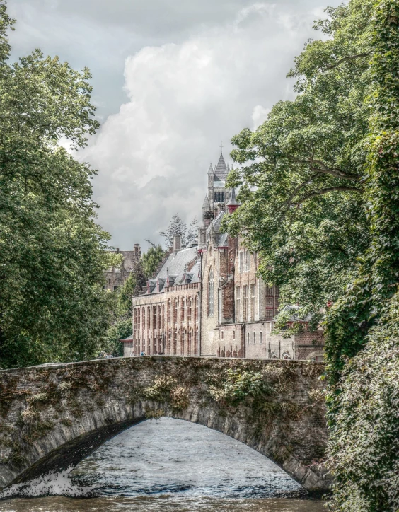 a bridge over a river with a building in the background, a flemish Baroque, by Jacob Esselens, pexels, renaissance, built into trees and stone, gothic mansion, tonemapped, view from side