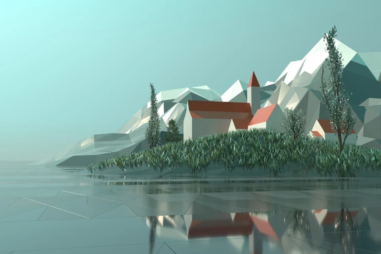 a small island in the middle of a body of water, a low poly render, digital art, futuristic church, of a small village with a lake, raytraced reflections, architecture visualisation