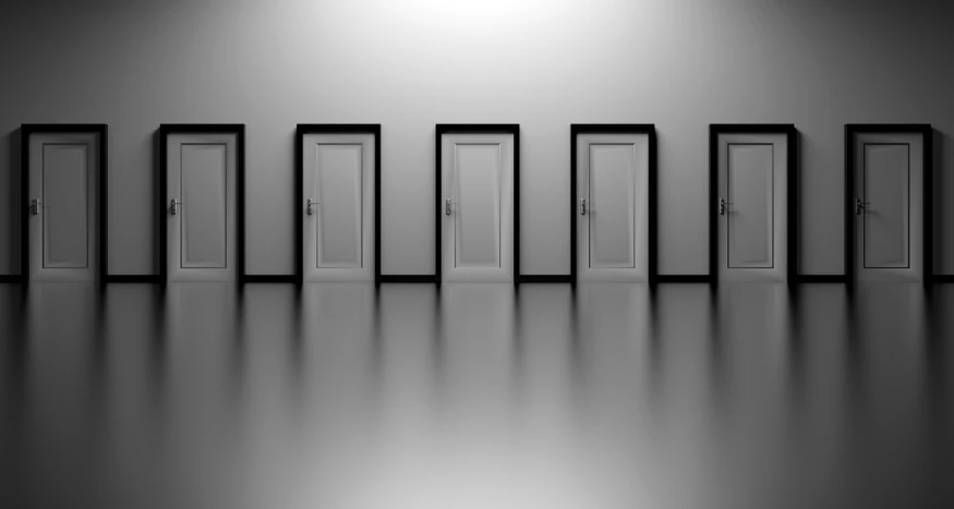 a black and white photo of a row of doors, a picture, pixabay, surreal 3 d render, photo photo