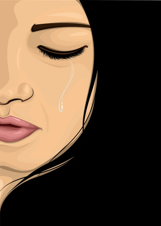 a woman is crying with her eyes closed, vector art, minimalism, with a black background, emotions closeup, rip and tear, tear drop