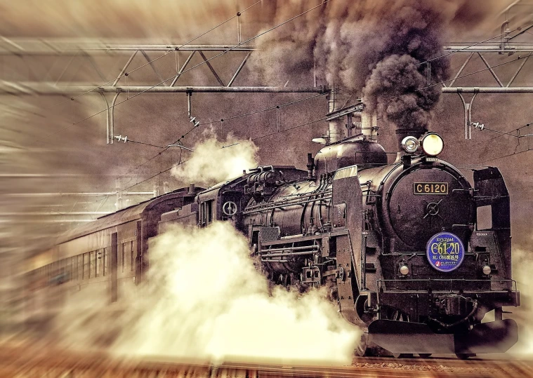 a steam engine train traveling down train tracks, by Cindy Wright, pixabay contest winner, fantastic realism, smoke behind wheels, dieselpunk railway station, detailed portrait, 6 4 0