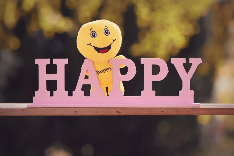 a yellow smiley face sitting on top of a pink sign, a picture, inspired by Sam Havadtoy, pexels, happy birthday, plushie photography, cheerful atmosphere, with a beautifull smile