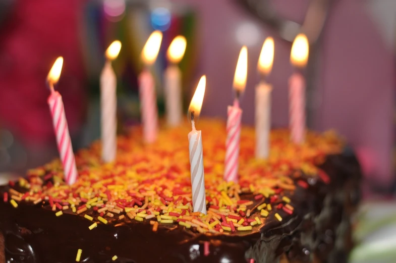 a chocolate birthday cake with lit candles and sprinkles, by Rhea Carmi, shutterstock, slightly blurred, bottom angle, at a birthday party, set photo