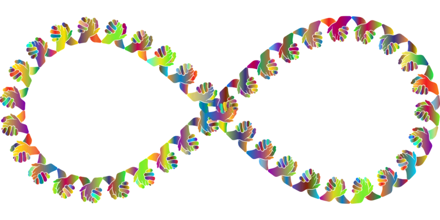 a multicolored infinity sign on a black background, a raytraced image, inspired by Benoit B. Mandelbrot, generative art, psychedelic fern, cross-hatchings, hyperrealistic image of x, chain