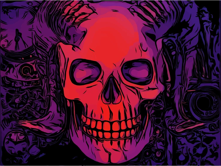 a close up of a skull on a black background, vector art, psychedelic art, purple and red color bleed, skulls in hands, background image, style of richard corben