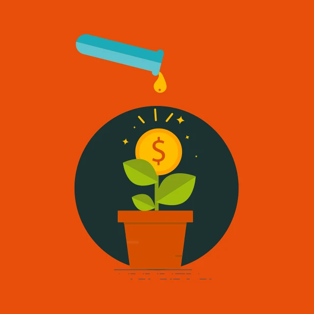 a potted plant with a dollar sign coming out of it, a screenshot, by Echo Chernik, trending on pixabay, conceptual art, orange theme, trend on behance illustration, short spout, selling a gem