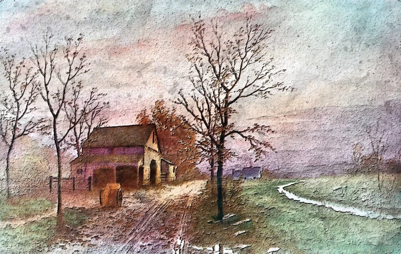 a painting of a house in the middle of a field, a watercolor painting, inspired by Alexei Kondratyevich Savrasov, trending on pixabay, american scene painting, photochrom print, detail on scene, jean francois millet, earth tones and soft color 1976