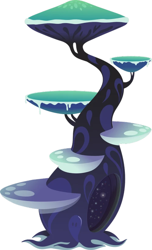 a cartoon tree with a bowl on top of it, concept art, inspired by Eyvind Earle, conceptual art, twilight sparkle, dripping black iridescent liquid, random circular platforms, top - side view