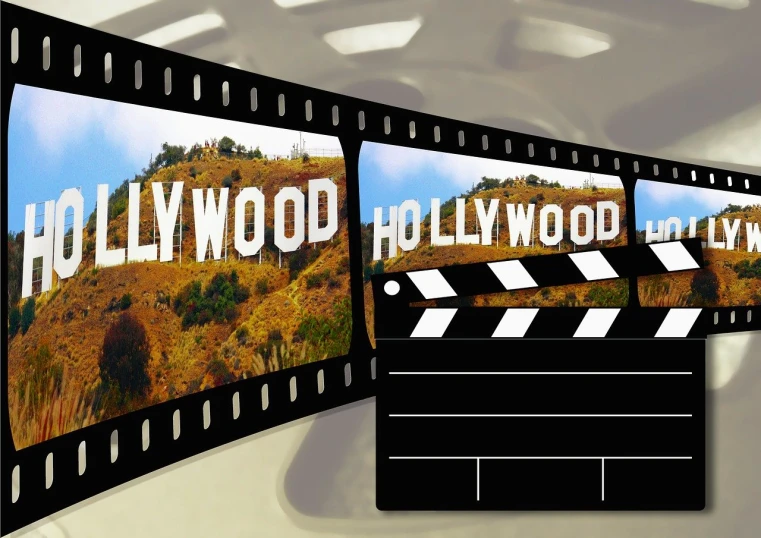 a film strip with the words hollywood written on it, a picture, shutterstock, video art, billboard image, holywood scene, speilberg movie, hd - photo