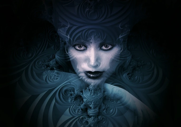 a close up of a person with a strange face, digital art, inspired by Ernst Fuchs, digital art, persephone as goddess of death, art nouveau 3d curves and swirls, female made of ice, dark blues