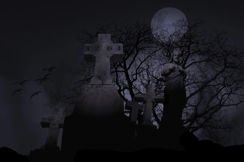 a cemetery at night with a full moon in the background, a statue, flickr, gothic art, made with photoshop, corpses and shadows!, background ( dark _ smokiness ), vampira