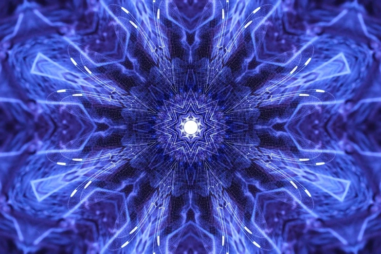 a close up of a blue flower on a black background, digital art, by Daniel Chodowiecki, abstract illusionism, star inside, crown of (((white lasers))), purple energy, sacred geometry pattern