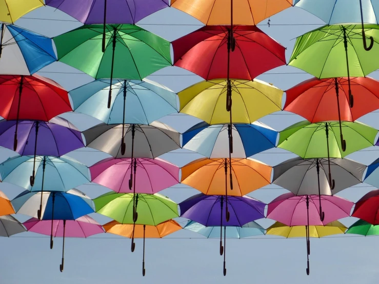 a bunch of colorful umbrellas hanging from the ceiling, a picture, by Jon Coffelt, pexels, precisionism, bright sky, single color, technical, shade