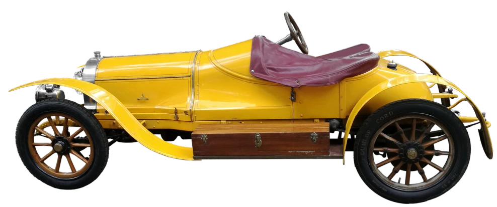 an old yellow car with a leather seat, by Albert Swinden, italian masterpiece, side front view, dingy, racecar