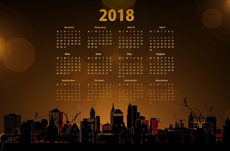 a calendar with a city skyline in the background, colorful dark vector, apocalypse, black and brown colors, 2018