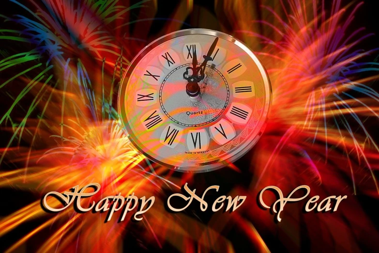 a close up of a clock with fireworks in the background, a photo, by Nancy Spero, digitally painted, new years eve, red and orange colored, cg