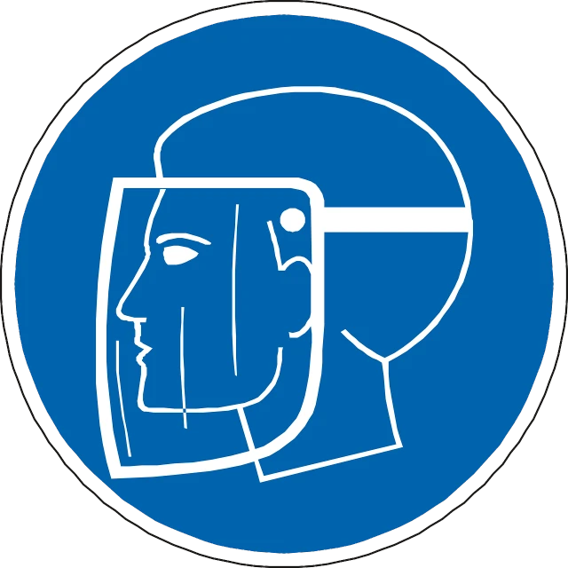a blue and white sign with a picture of a man's face, a silk screen, by Robert Zünd, pixabay, plasticien, wearing a round helmet, white outline, protection, cut-away