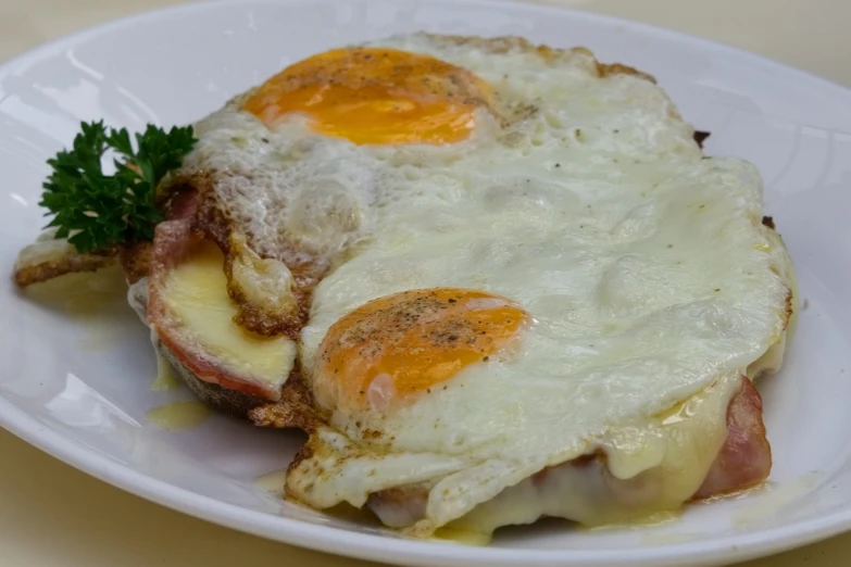 a close up of a plate of food on a table, head is an egg, melted cheese, upside - down, lászló szabados