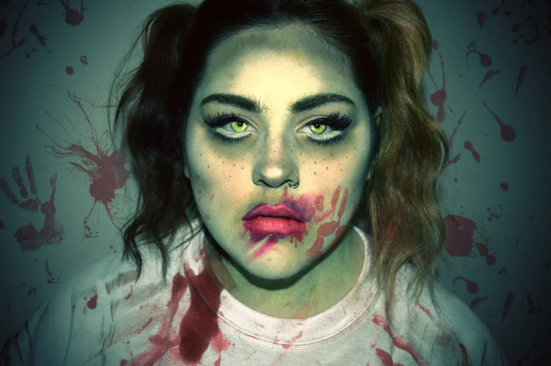 a woman with blood all over her face, by Amelia Peláez, tumblr, lowbrow, kristen stewart, green glowing eyes, zombies, devon cady-lee