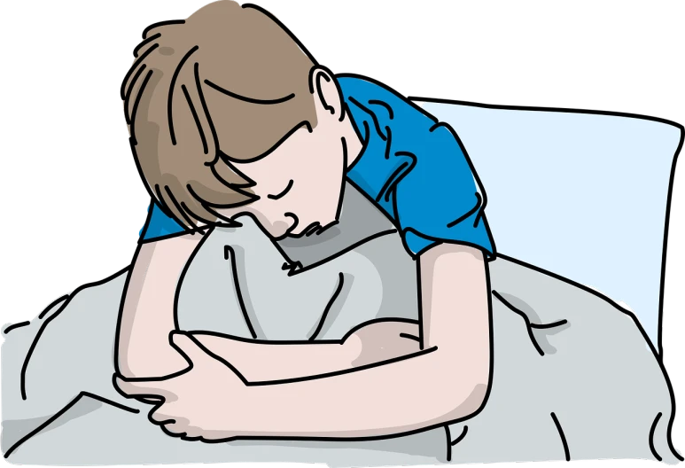 a person laying in bed with a pillow, by Meredith Dillman, pixabay, digital art, teenage boy, hugging, the artist is charles burns, calm night. over shoulder shot