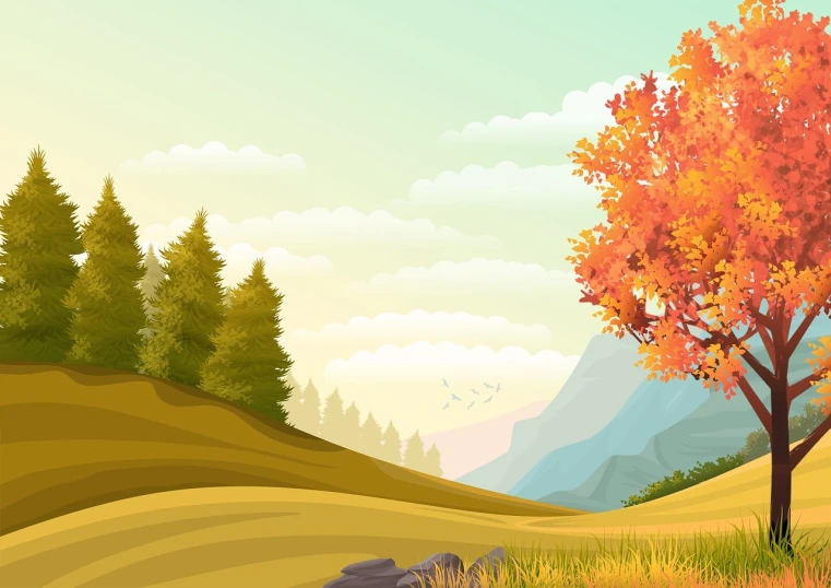 a tree in a field with mountains in the background, vector art, shutterstock, autumn foliage in the foreground, 4 k hd wallpaper illustration, no gradients, very beautiful photo