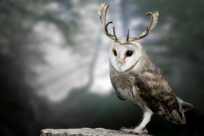 a close up of a bird with antlers on it's head, shutterstock contest winner, digital art, hyperrealistic robot owl, smooth 3d cg render, perched on a rock, 8k octae render photo