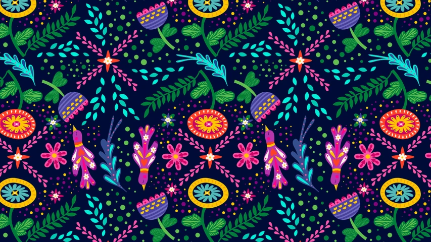 a colorful floral pattern on a dark blue background, vector art, inspired by Maksimilijan Vanka, shutterstock contest winner, naive art, enchanted magical fantasy forest, positive and fun vibes, flat vibrant colors, symmetrical illustration